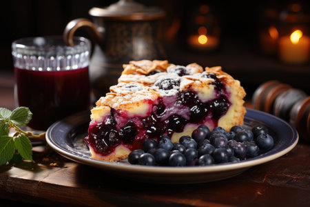 Golden slice of blueberry pie next to a cup of steaming tea., generative AIの素材