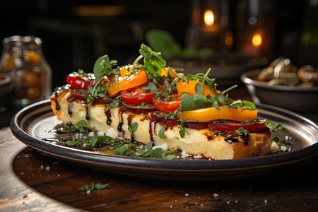Generous slice of artisanal pizza full of fresh ingredients under the warm flash of the oven., generative AIの素材