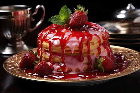 Strawberry throne crown the caramel velvet pudding., generative AIの素材