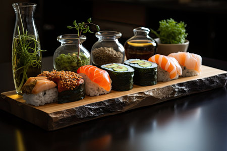 Culinary work: perfect sushi in meticulous arrangement., generative IAの素材