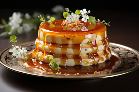 Bright caramel pudding next to a spoon., generative AIの素材