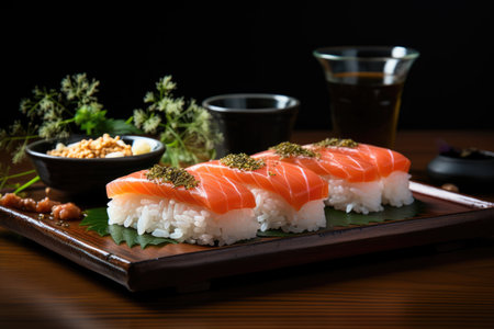 Vibrant sashimi and delicate rice in handcrafted sushi dish., generative AIの素材