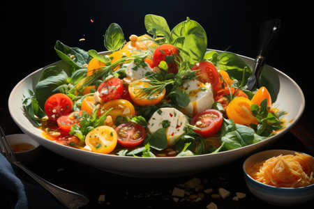 Color explosion and freshness: vibrant salad with fruits, leaves and walnuts., generative AIの素材