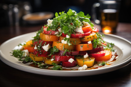 Colorful and fresh salad with feta cheese, crispy walnuts and more., generative AIの素材