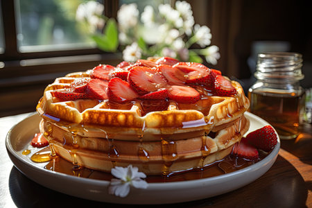 Golden battery of waffles with strawberries and syrup., generative AIの素材