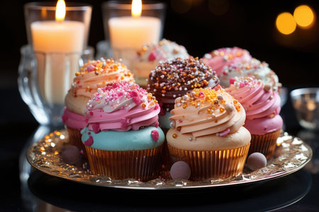 Varied sweetness: Cupcakes, brigadeiros, macarons and colorful truffles make up the scene., generative AIの素材