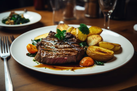 Juicy steak with potatoes and fresh vegetables., generative AIの素材