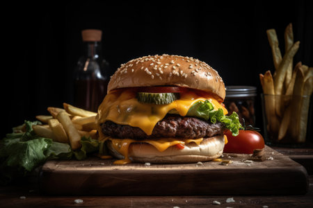 Juicy burger and golden fries., generative AIの素材