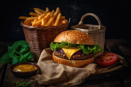 Delicious homemade burger with fries. ????, generative AIの素材