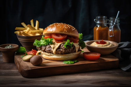 Perfect gourmet burger, with fries and milkshake., generative AIの素材