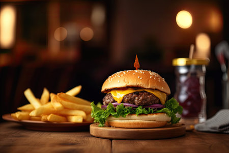 Gourmet burger and crispy potatoes with ketchup. ????, generative AIの素材