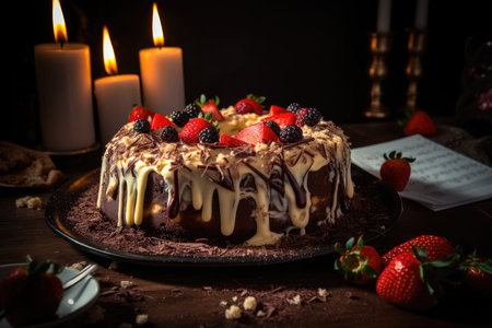 Chocolate cake with strawberries and colored candles., generative AIの素材