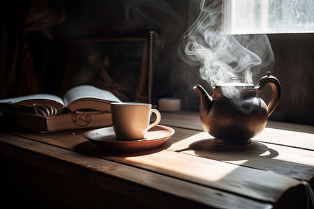 Steaming coffee at rustic table, garden in the background., generative AIの素材