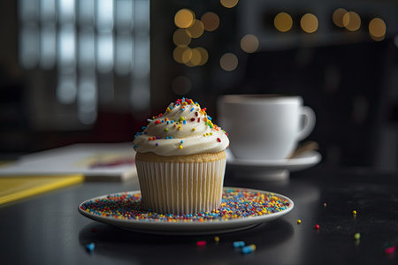 Delicious cupcake with frosting and coffee on the side., generative AIの素材