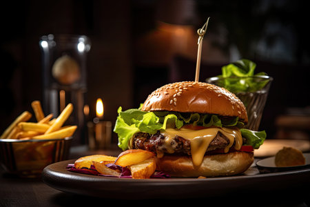 Delicious gourmet burger in a cozy atmosphere., generative AIの素材
