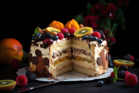 Irresistible cake, fluffy layers, shiny icing, fresh fruit., generative AIの素材