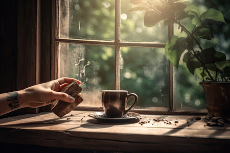 Cozy coffee shop, steaming cup of coffee and roasted beans., generative AIの素材