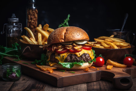 Juicy burger and golden fries., generative AIの素材