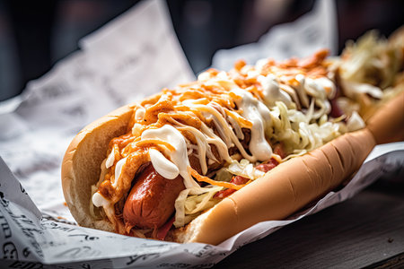 Juicy hot dog at lively street festival. ????, generative AIの素材
