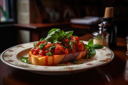 Italian feast: pasta, polpettone, bruschetta and red wine. Delights in a trattoria., generative AIの素材