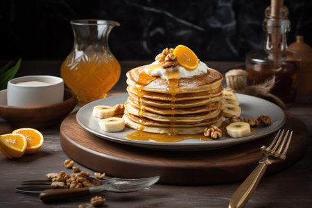 Golden pancake filled with caramelized banana and hazelnut cream. Orange juice on the side. ????????, generative AIの素材