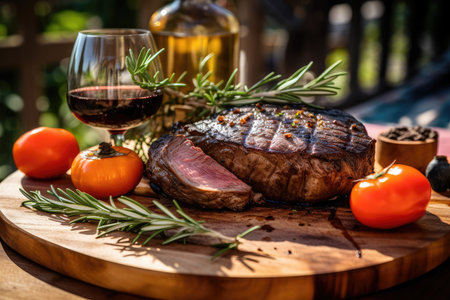 Juicy grilled picanha with tomatoes, rosemary and grill in the background., generative AIの素材