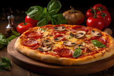 Pizza fresh out of the oven, topped with delicious ingredients., generative AIの素材