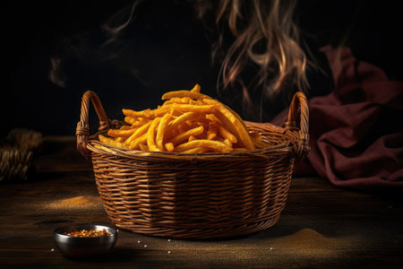 Succulent golden potatoes in a wicker basket., generative AIの素材