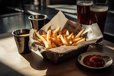 Delicious crispy golden fries with side dishes., generative AIの素材