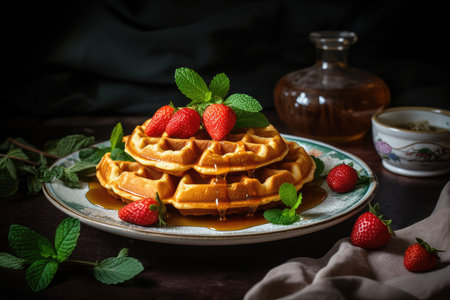 Golden waffles with honey, strawberries and fresh mint., generative AIの素材
