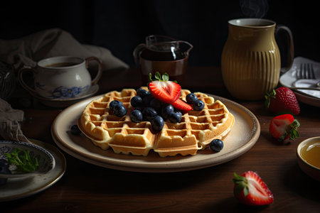Delicious golden waffles with fruit and coffee., generative AIの素材