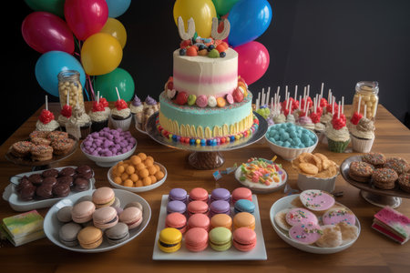 Colorful sweets party: cupcakes, brigadeiros, macarons and decorated cake. Balloons and joy in the background., generative AIの素材