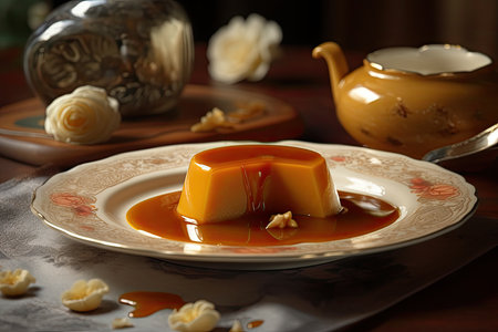 Golden pudding with caramel and almonds. Delicious! ??, generative AIの素材