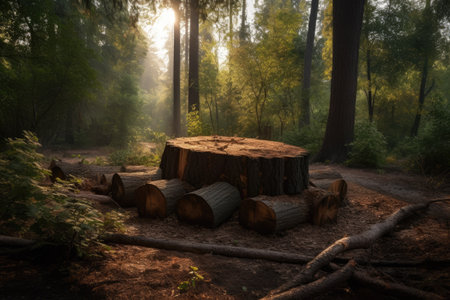Majestic oak among pine trees, piles of logs., generative AIの素材