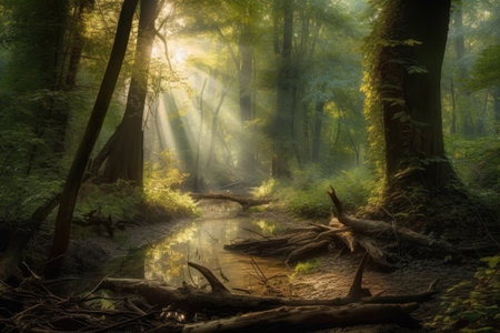 Lush forest with tall trees, animals and stream., generative AIの素材