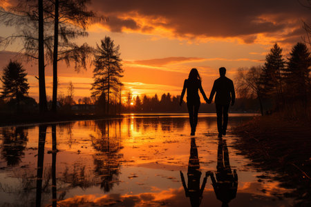 Elderly couple complicit by the lake, reflected at dusk., generative AIの素材