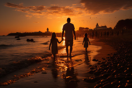 Silhouettes embraced by the sea under the golden sunset, expressing deep affection., generative AIの素材