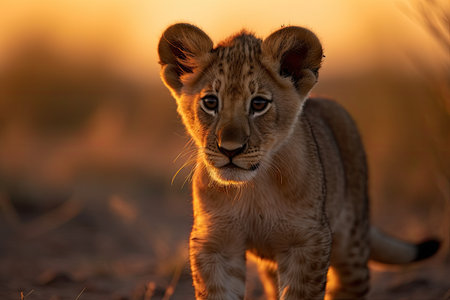 Lion cub playing on the savannah at sunset. ????, generative AIの素材
