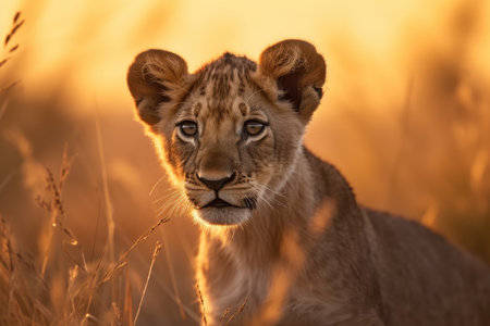 Lion cub playing on the savannah at sunset. ????, generative AIの素材
