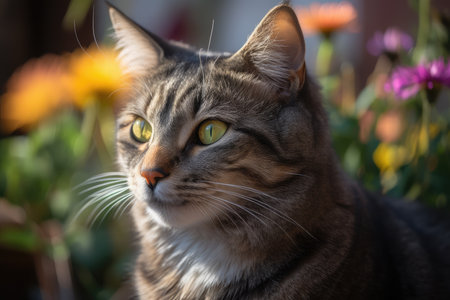 Curious cat in sunny garden surrounded by flowers., generative AIの素材