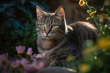 Cat exploring sunny garden among colorful flowers. Striped coat shines in the light., generative AIの素材