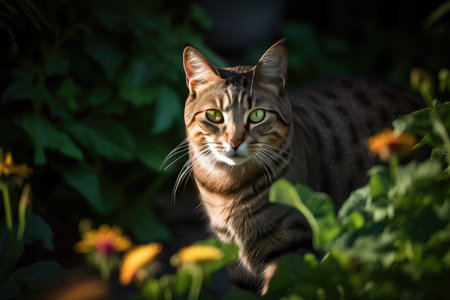 Cat exploring sunny garden among colorful flowers. Striped coat shines in the light., generative AIの素材