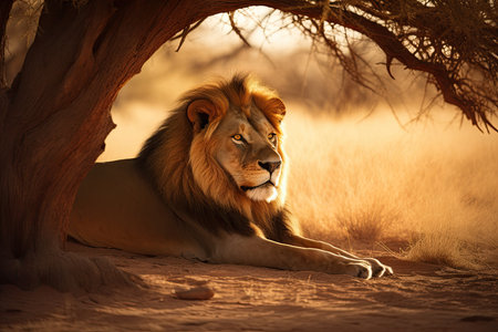 Majestic lion resting on the golden savannah., generative AIの素材