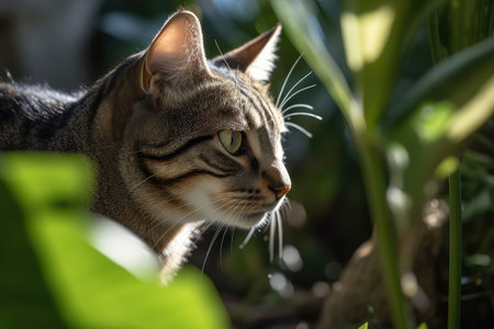 Curious cat explores sunny garden, striped coat shining., generative AIの素材