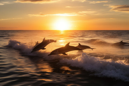 Dolphins frolic under the golden sunset., generative AIの素材