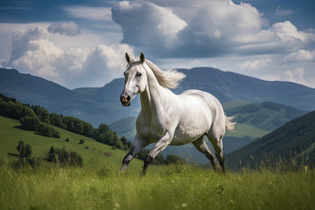 Majestic horse galloping on prairie with mountains in the background., generative AIの素材