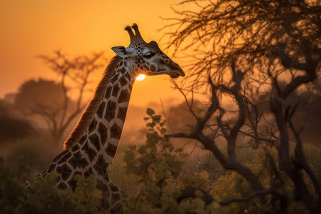 Elegant giraffe stretches through golden foliage on the savannah., generative AIの素材