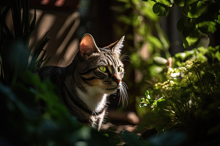 Curious cat explores sunny garden, striped coat shining., generative AIの素材
