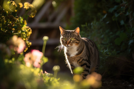 Curious striped cat explores sunny garden surrounded by flowers., generative AIの素材