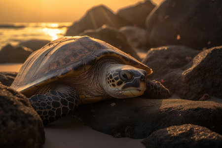 Serene turtle by the sea, glistening scales, tranquil surroundings., generative AIの素材